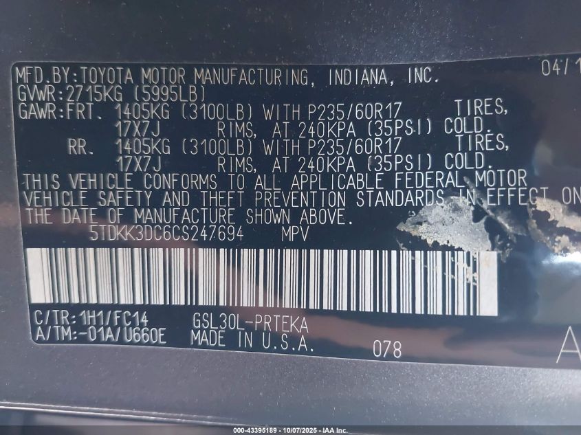 2012 Toyota Sienna Le V6 8 Passenger VIN: 5TDKK3DC6CS247694 Lot: 43395189