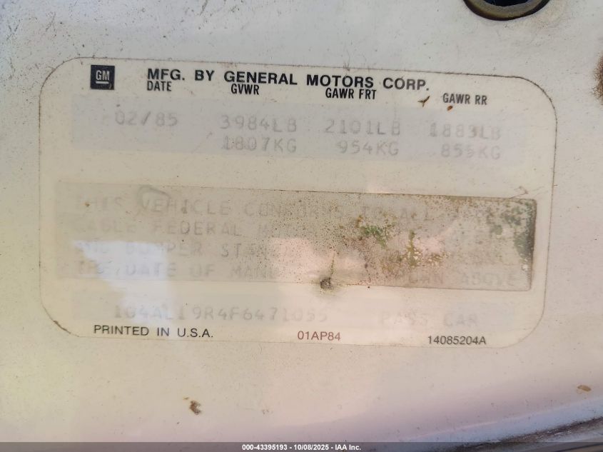 1985 Buick Century Limited VIN: 1G4AL19R4F6471055 Lot: 43395193