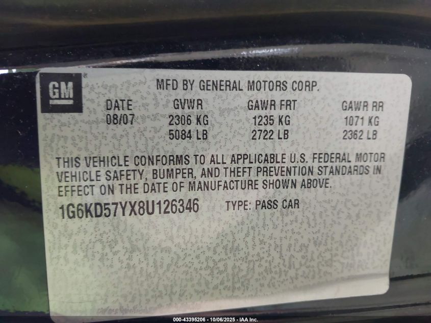 2008 Cadillac Dts 1Sd VIN: 1G6KD57YX8U126346 Lot: 43395206