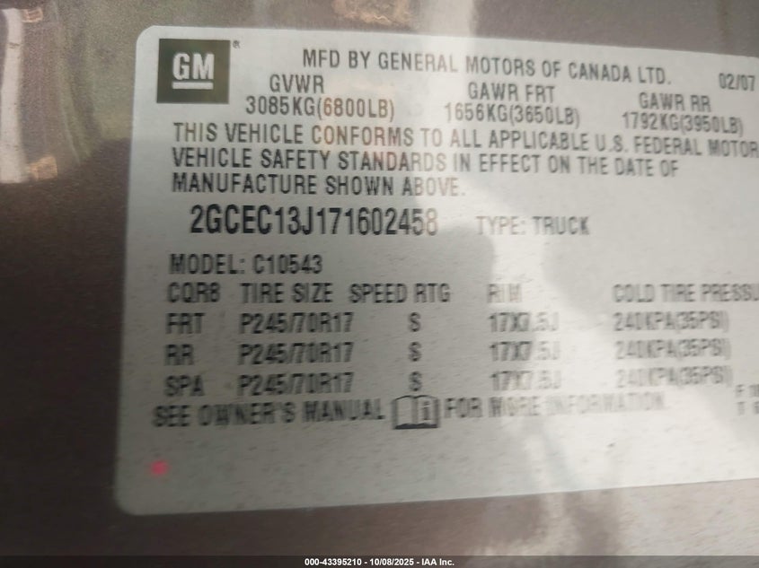2007 Chevrolet Silverado 1500 Lt1 VIN: 2GCEC13J171602458 Lot: 43395210