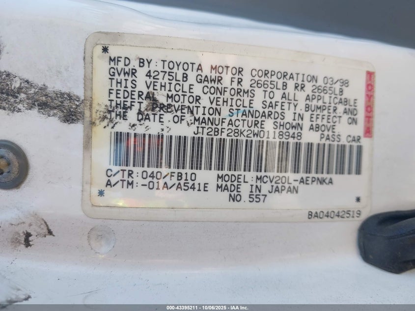 1998 Toyota Camry Le V6 VIN: JT2BF28K2W0118948 Lot: 43395211