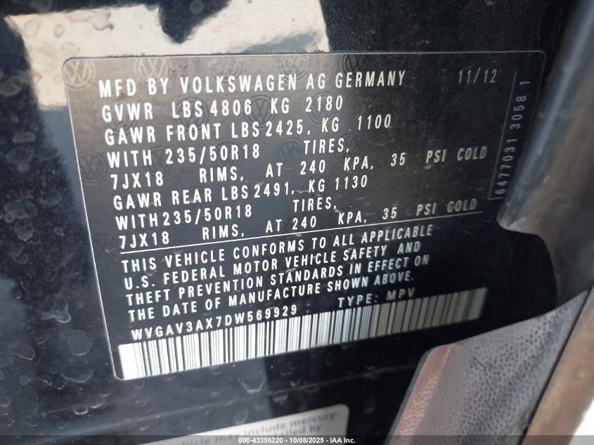 2013 Volkswagen Tiguan Se VIN: WVGAV3AX7DW569929 Lot: 43395220