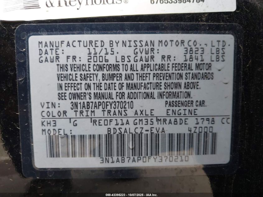 2015 Nissan Sentra S VIN: 3N1AB7AP0FY370210 Lot: 43395223