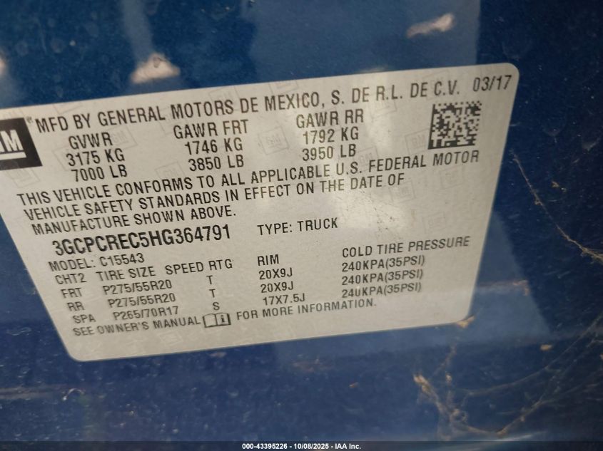 2017 Chevrolet Silverado 1500 1Lt VIN: 3GCPCREC5HG364791 Lot: 43395226