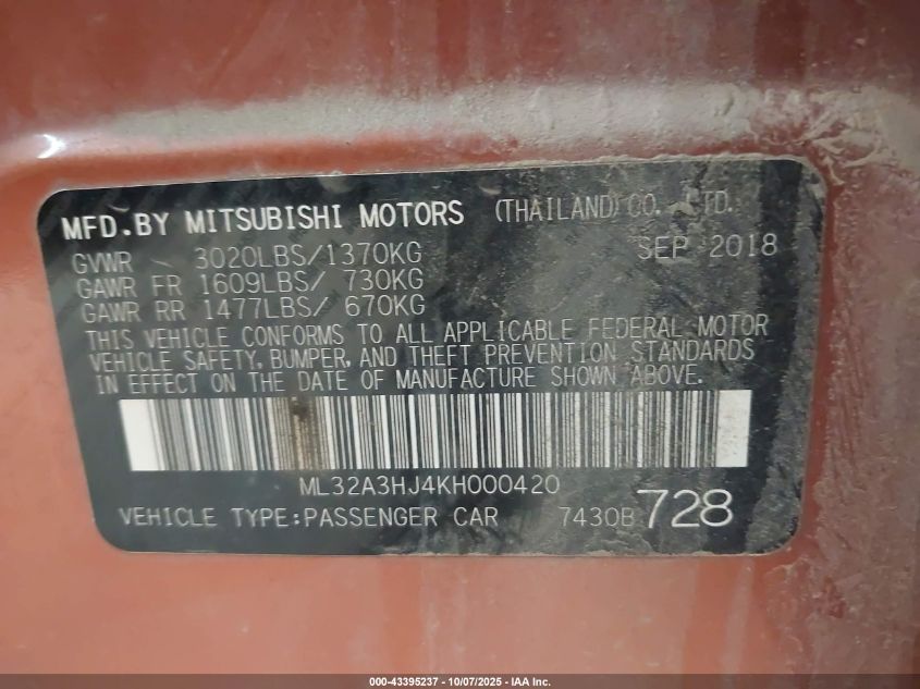 2019 Mitsubishi Mirage Es VIN: ML32A3HJ4KH000420 Lot: 43395237
