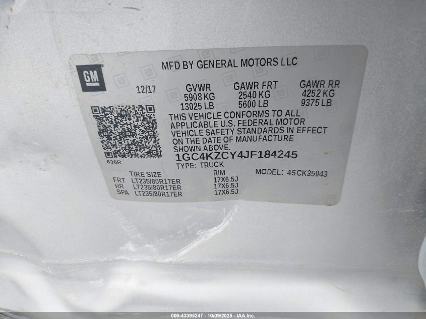 2018 Chevrolet Silverado 3500Hd Lt VIN: 1GC4KZCY4JF184245 Lot: 43395247