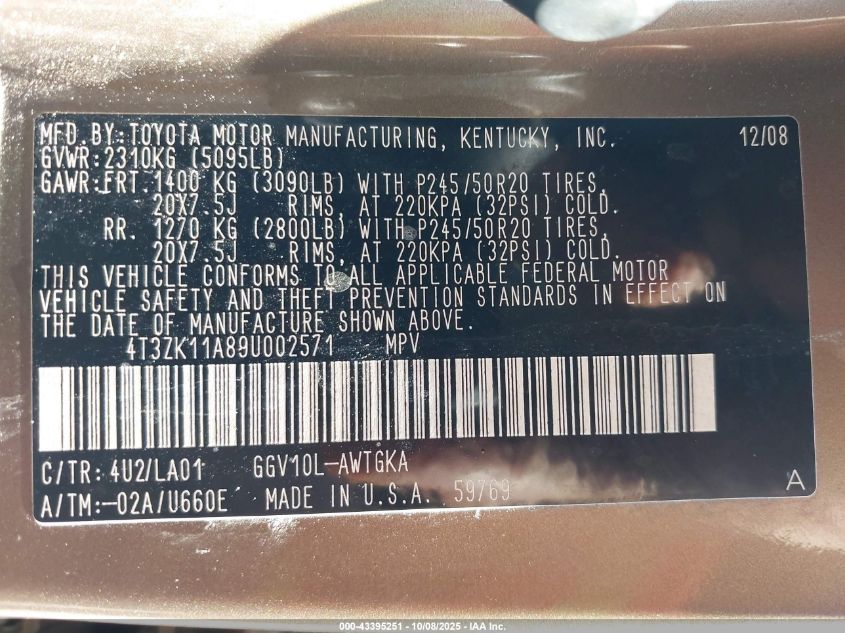 2009 Toyota Venza Base V6 VIN: 4T3ZK11A89U002571 Lot: 43395251