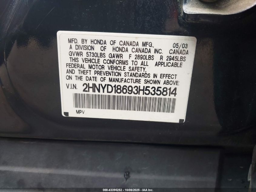 2003 Acura Mdx VIN: 2HNYD18693H535814 Lot: 43395252