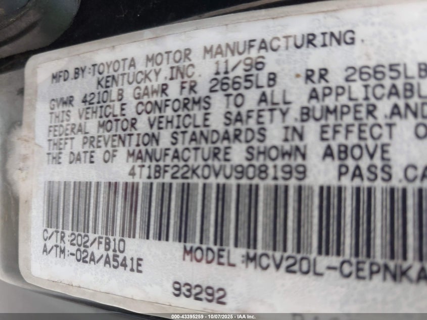 1997 Toyota Camry Le V6 VIN: 4T1BF22K0VU908199 Lot: 43395259