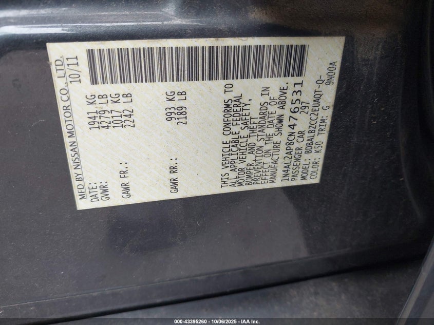 2012 Nissan Altima 2.5 S VIN: 1N4AL2AP8CN476531 Lot: 43395260