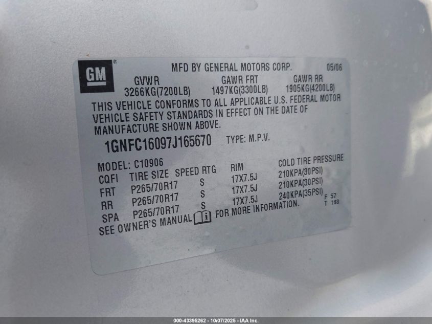 2007 Chevrolet Suburban 1500 Ls VIN: 1GNFC16097J165670 Lot: 43395262