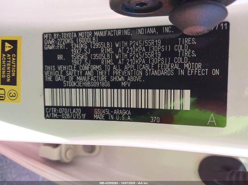 2011 Toyota Highlander Limited V6 VIN: 5TDDK3EH8BS091806 Lot: 43395263