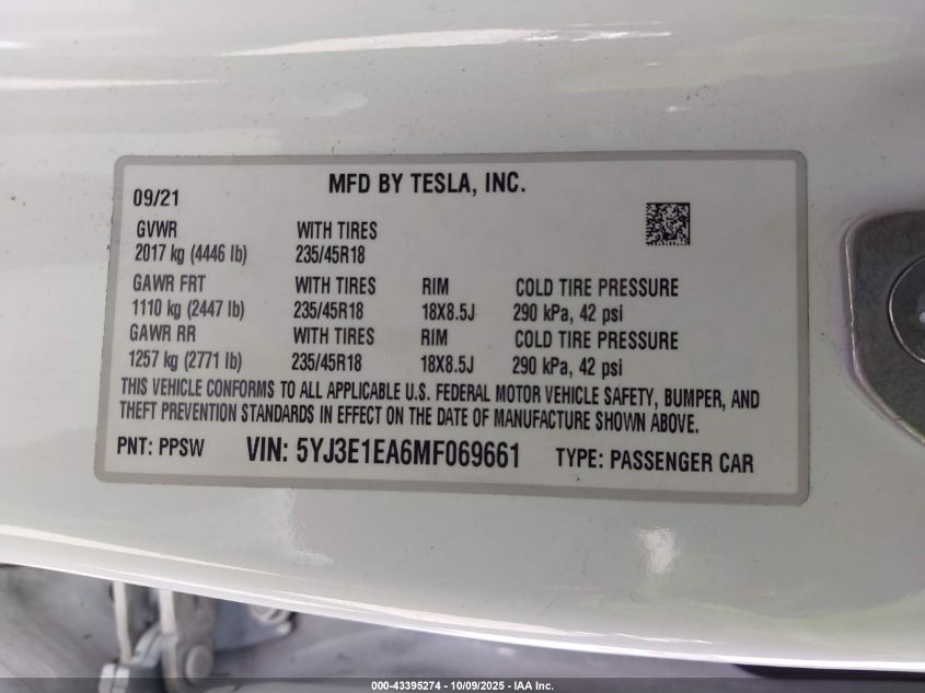 2021 Tesla Model 3 Standard Range Plus Rear-Wheel Drive VIN: 5YJ3E1EA6MF069661 Lot: 43395274
