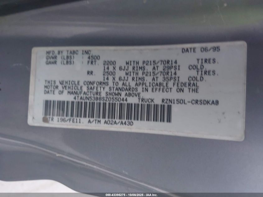1995 Toyota Tacoma Xtracab VIN: 4TAUN53B8SZ055044 Lot: 43395275
