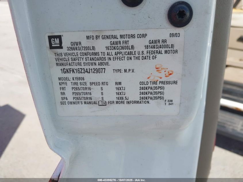 2004 GMC Yukon Xl 1500 Slt VIN: 1GKFK16Z34J129077 Lot: 43395276