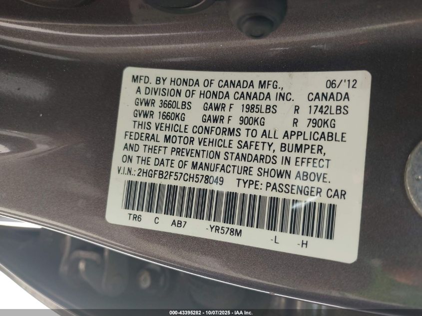 2012 Honda Civic Lx VIN: 2HGFB2F57CH578049 Lot: 43395282