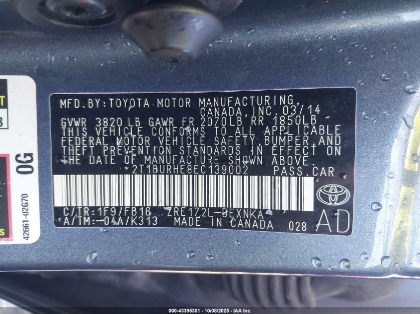 2014 Toyota Corolla Le VIN: 2T1BURHE8EC139002 Lot: 43395301