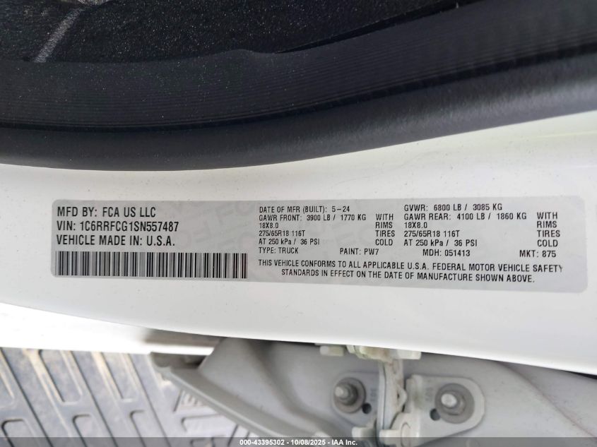 2025 Ram 1500 Tradesman 4X4 6'4 Box VIN: 1C6RRFCG1SN557487 Lot: 43395302