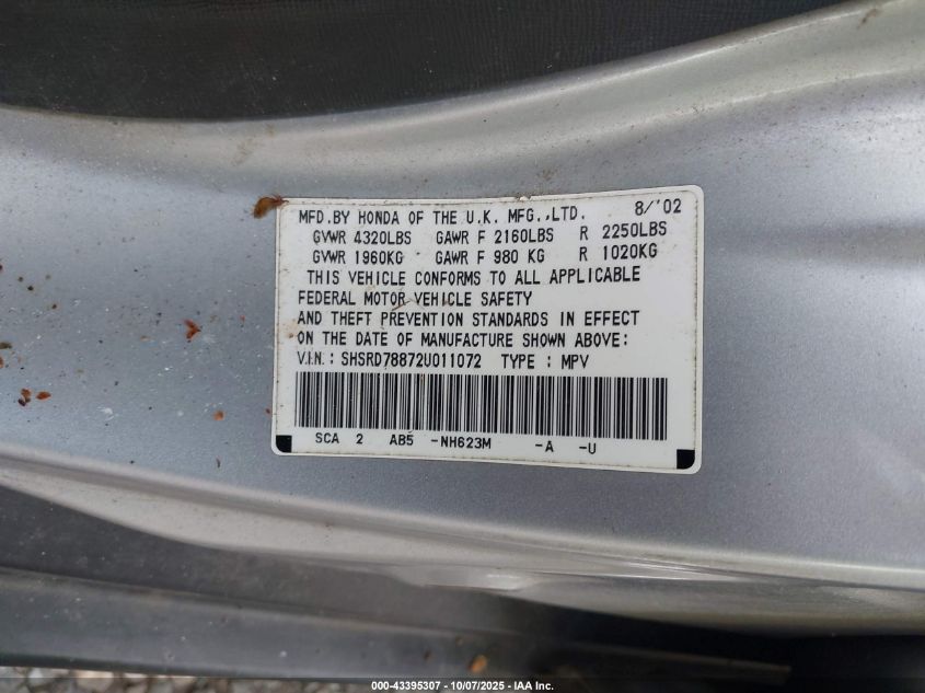 2002 Honda Cr-V Ex VIN: SHSRD78872U011072 Lot: 43395307