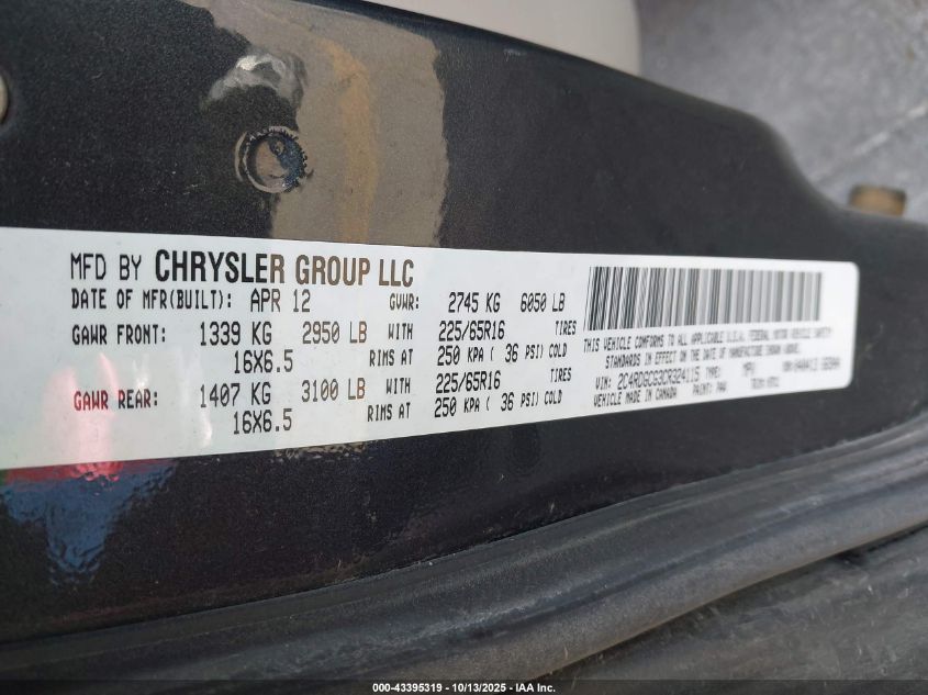 2012 Dodge Grand Caravan Sxt VIN: 2C4RDGCG3CR324115 Lot: 43395319