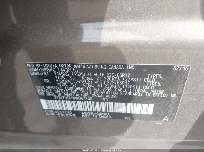 2010 Toyota Rav4 VIN: 2T3ZF4DV1AW047750 Lot: 43395322