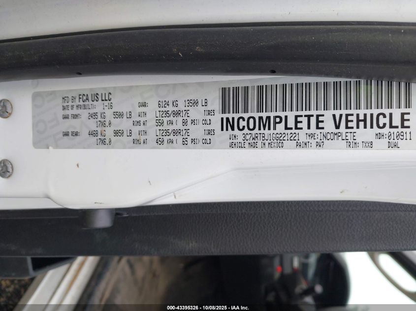 2016 Ram 3500 Chassis Tradesman/Slt VIN: 3C7WRTBJ1GG221221 Lot: 43395326