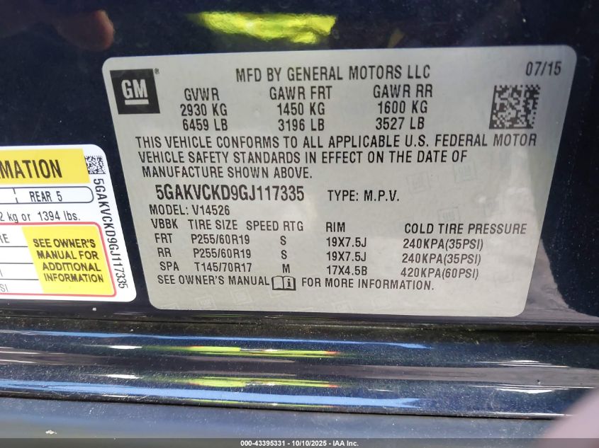 2016 Buick Enclave Premium VIN: 5GAKVCKD9GJ117335 Lot: 43395331