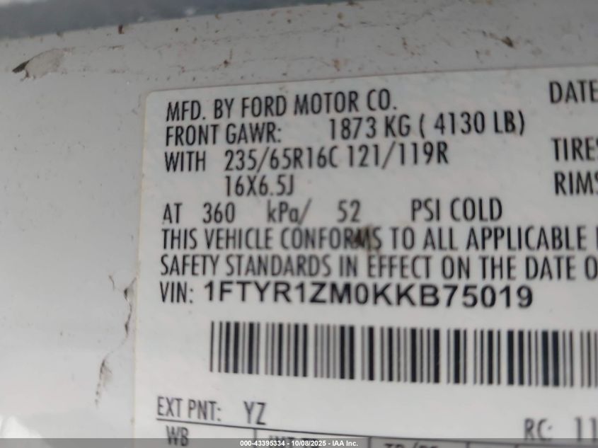 2019 Ford Transit-250 VIN: 1FTYR1ZM0KKB75019 Lot: 43395334