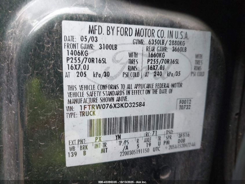 2003 Ford F-150 Lariat/Xlt VIN: 1FTRW076X3KD32584 Lot: 43395335