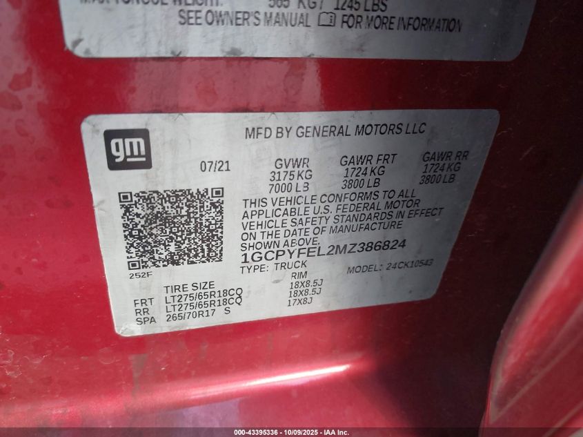 2021 Chevrolet Silverado 1500 4Wd Short Bed Lt Trail Boss VIN: 1GCPYFEL2MZ386824 Lot: 43395336