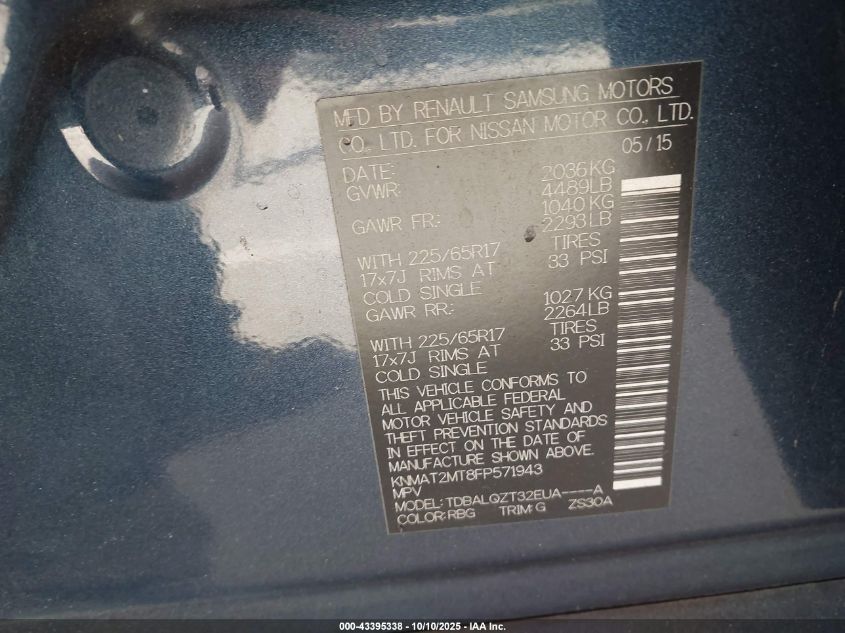 2015 Nissan Rogue Sv VIN: KNMAT2MT8FP571943 Lot: 43395338