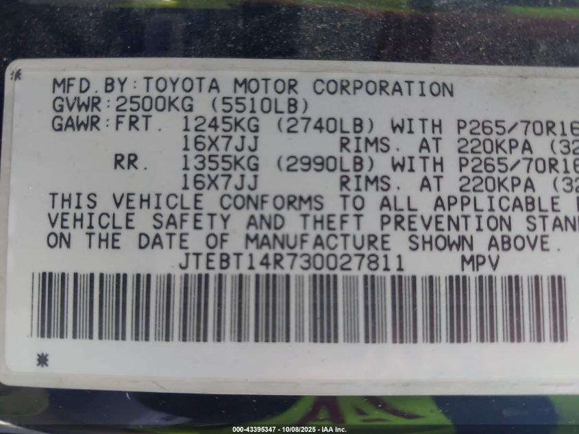 2003 Toyota 4Runner Sr5 V8 VIN: JTEBT14R730027811 Lot: 43395347