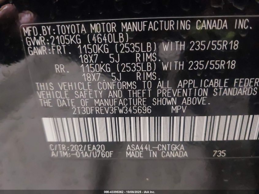 2015 Toyota Rav4 Limited VIN: 2T3DFREV3FW345696 Lot: 43395362