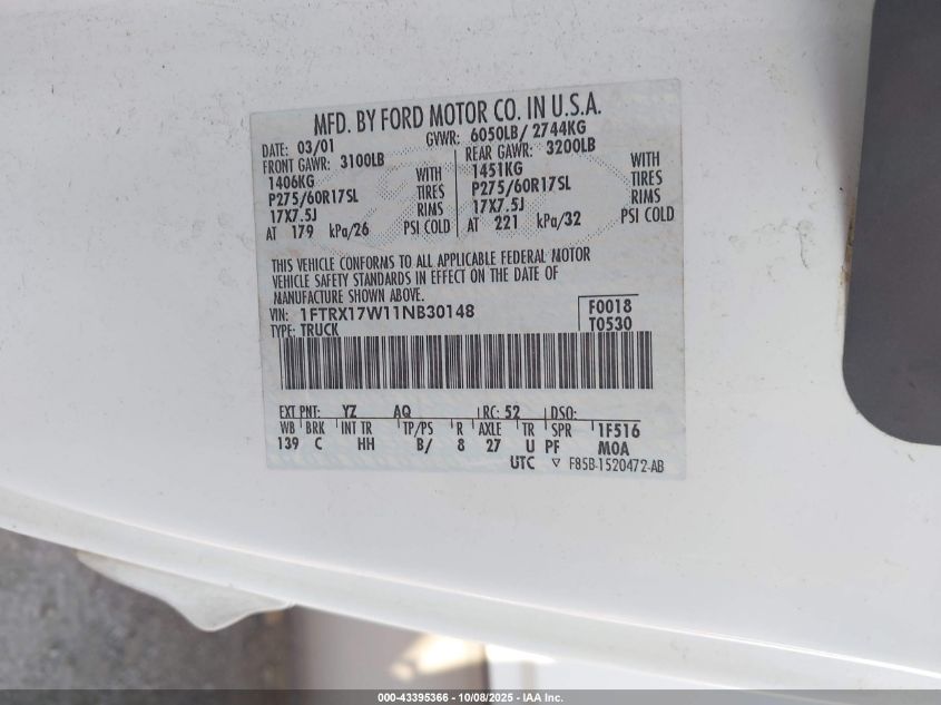 2001 Ford F-150 Lariat/Xl/Xlt VIN: 1FTRX17W11NB30148 Lot: 43395366