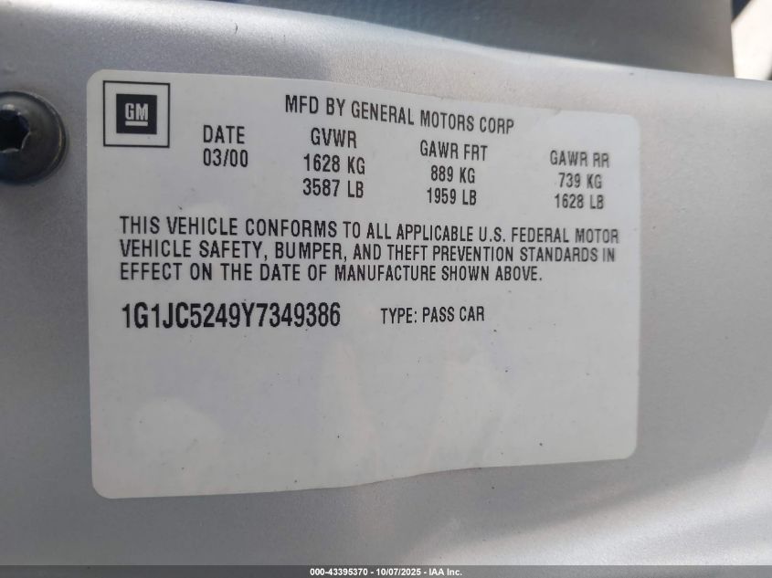 2000 Chevrolet Cavalier VIN: 1G1JC5249Y7349386 Lot: 43395370