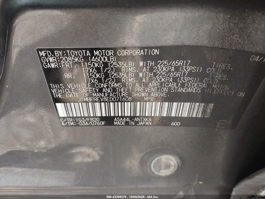 2014 Toyota Rav4 Le VIN: JTMBFREV8ED071608 Lot: 43395376