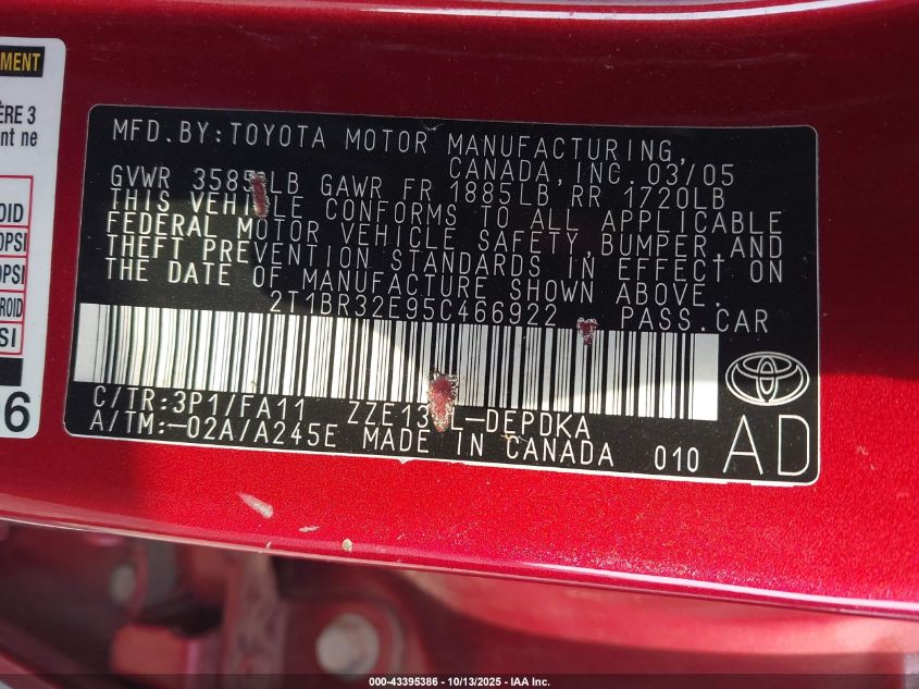 2005 Toyota Corolla Ce VIN: 2T1BR32E95C466922 Lot: 43395386