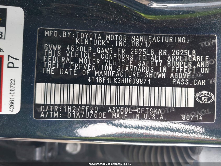 2017 Toyota Camry Se VIN: 4T1BF1FK3HU809871 Lot: 43395387