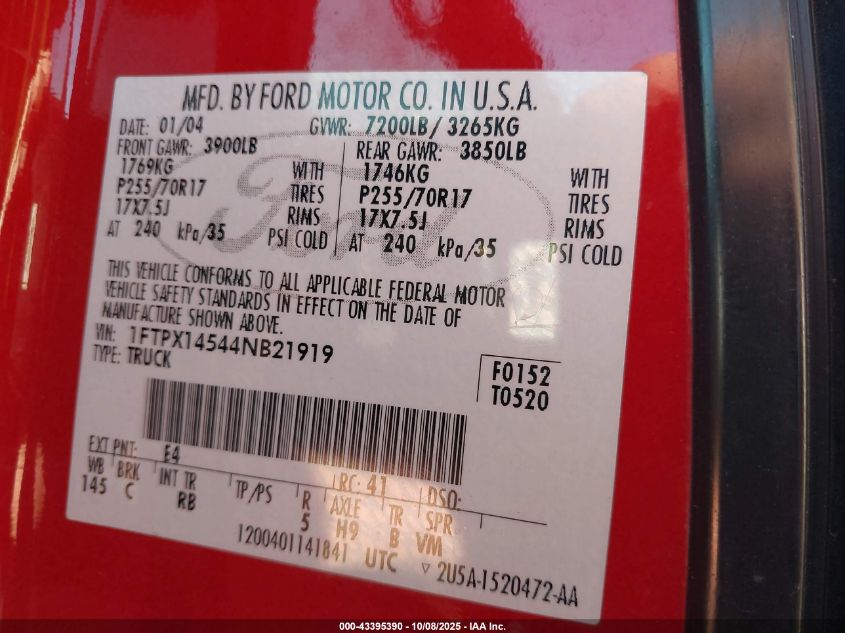 2004 Ford F-150 Fx4/Lariat/Xl/Xlt VIN: 1FTPX14544NB21919 Lot: 43395390
