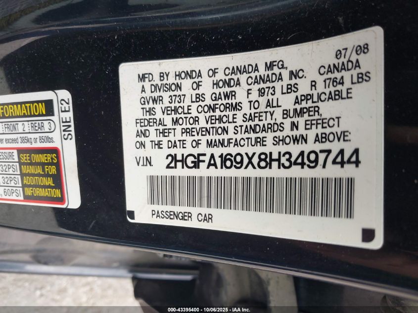 2008 Honda Civic Ex-L VIN: 2HGFA169X8H349744 Lot: 43395400