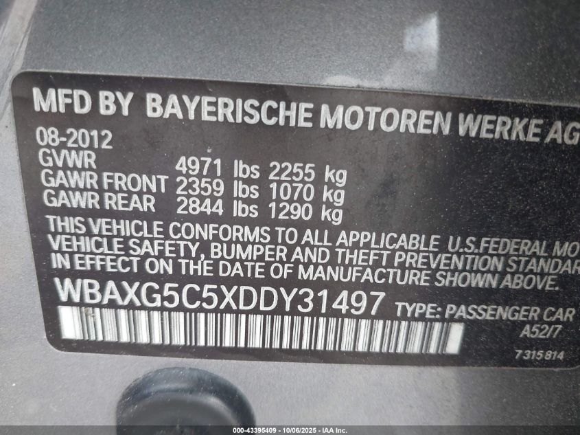 2013 BMW 528I VIN: WBAXG5C5XDDY31497 Lot: 43395409