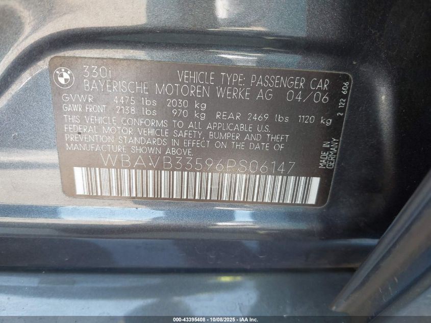 2006 BMW 330I VIN: WBAVB33596PS06147 Lot: 43395408