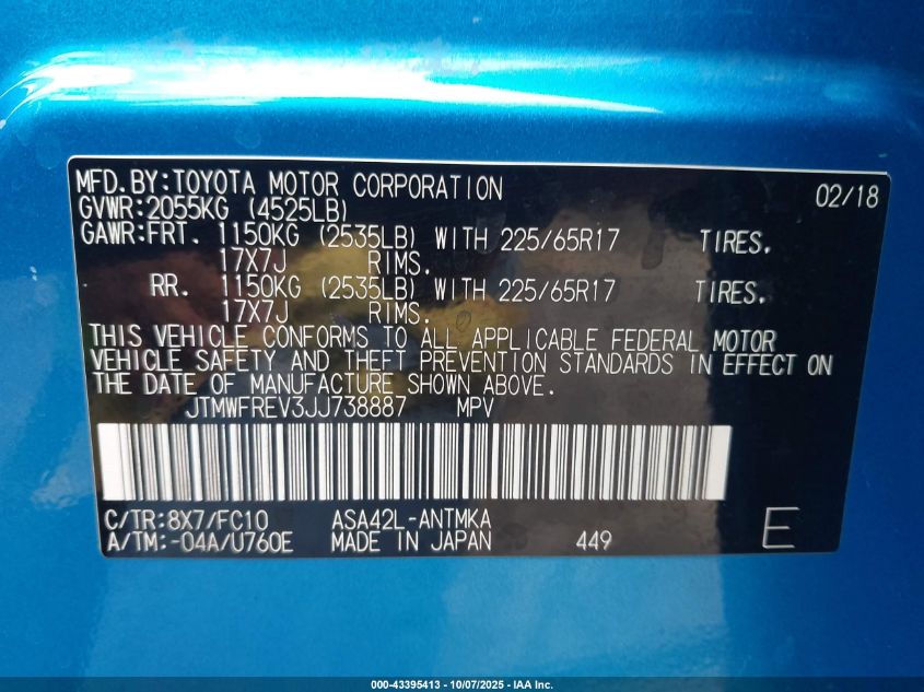 2018 Toyota Rav4 Xle VIN: JTMWFREV3JJ738887 Lot: 43395413