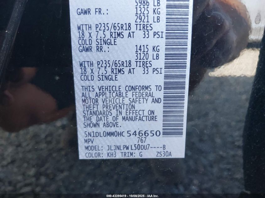 2017 Infiniti Qx60 VIN: 5N1DL0MM0HC546650 Lot: 43395419