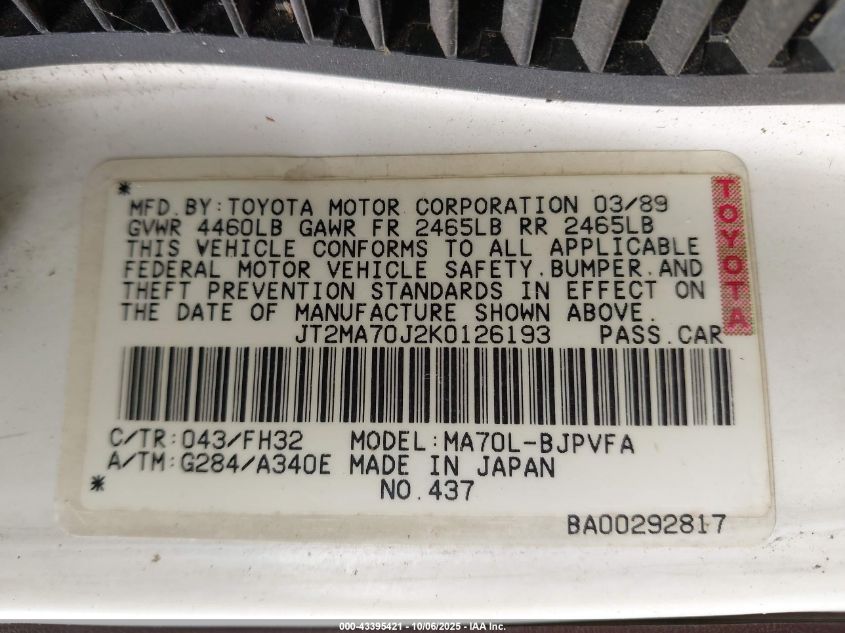 1989 Toyota Supra Sport Roof VIN: JT2MA70J2K0126193 Lot: 43395421