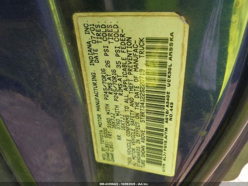 2002 Toyota Tundra Sr5 V8 VIN: 5TBRT34122S220719 Lot: 43395422