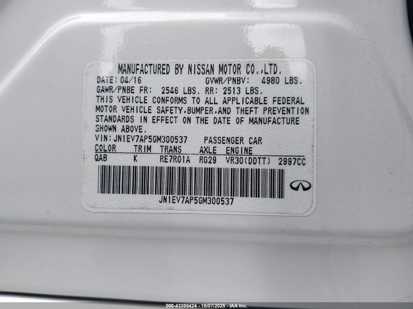 2016 Infiniti Q50 3.0T Premium VIN: JN1EV7AP5GM300537 Lot: 43395424