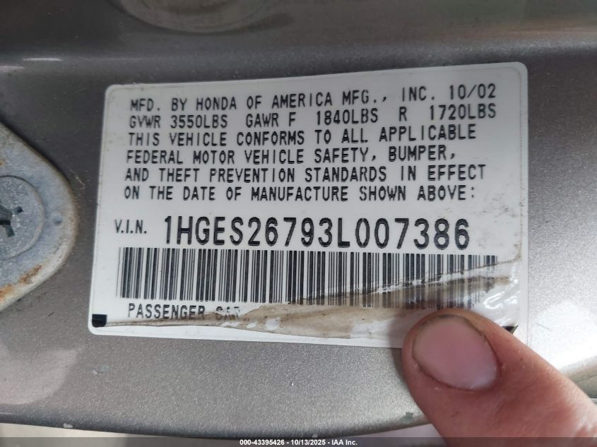 2003 Honda Civic Ex VIN: 1HGES26793L007386 Lot: 43395426