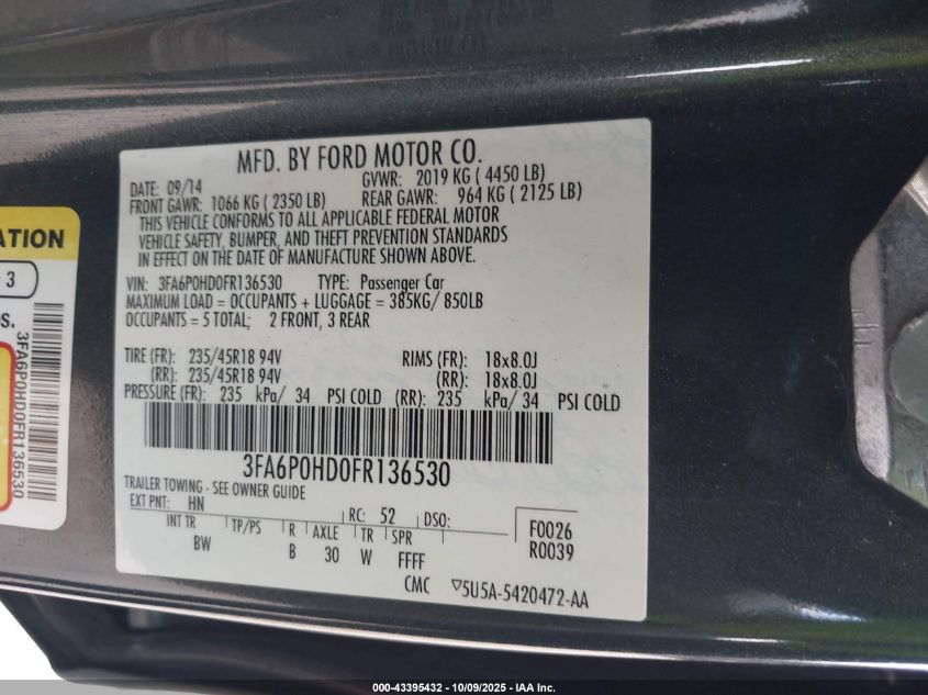 2015 Ford Fusion Se VIN: 3FA6P0HD0FR136530 Lot: 43395432