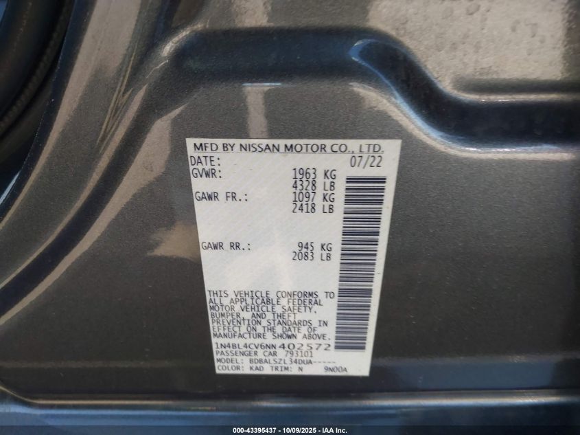 2022 Nissan Altima Sr Fwd VIN: 1N4BL4CV6NN402572 Lot: 43395437